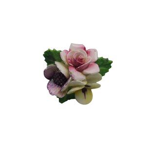 Vintage Pink Green Porcelain Rose Brooch Handcrafted In England